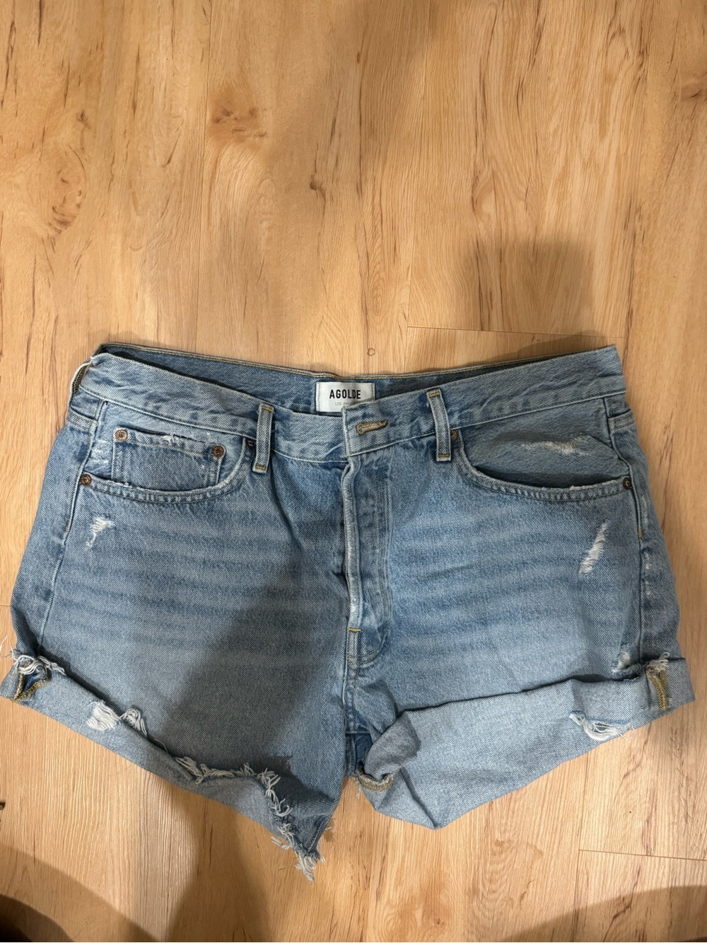 Agolde Light Wash Distressed Rolled-Hem Jean Shorts